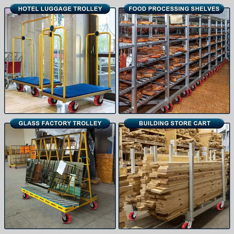 Various industrial carts including luggage trolleys, food shelves, glass trolley, and store cart with polyurethane caster wheels.