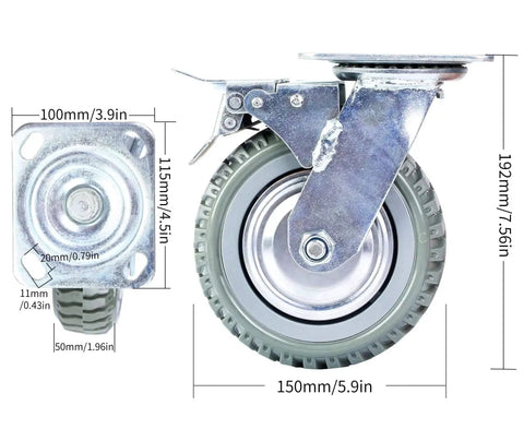 Heavy Duty Plate Casters Set 6 Inch Swivel Wheels With Brake Anti Skid 360 Degree Ball Bearing Castors side view and dimensions