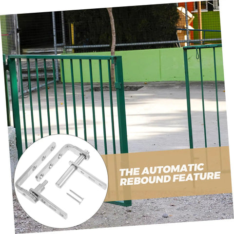 Heavy Duty Stainless Steel Pivot Hinges For Doors With Auto Close Function For Hidden Bookcase Doors Ideal For Home Use And Construction, Dual Pivot Hinges For Easy Installation, Flexible Movement, And Enhanced Opening Angles By Mikikit, shown with green fencing in the background and an inset image highlighting the hinges' automatic rebound feature.