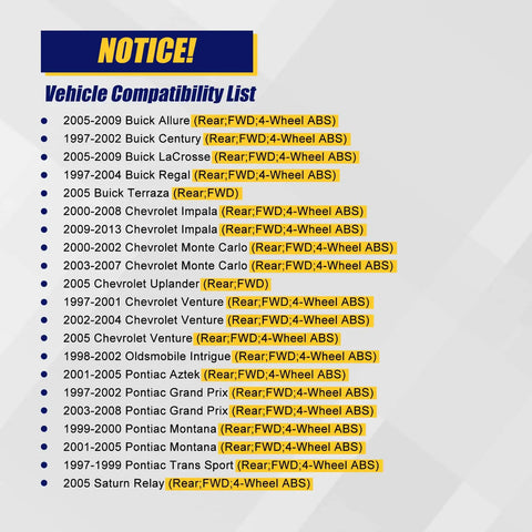 Vehicle compatibility list for Rear Wheel Bearing And Hub Assembly 512150 showing compatible GM models from Buick to Pontiac.