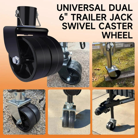 Dual 6 Inch Trailer Jack Wheel Replacement 2000 Lb Capacity Fits Standard Jacks with poly wheels shown in different views
