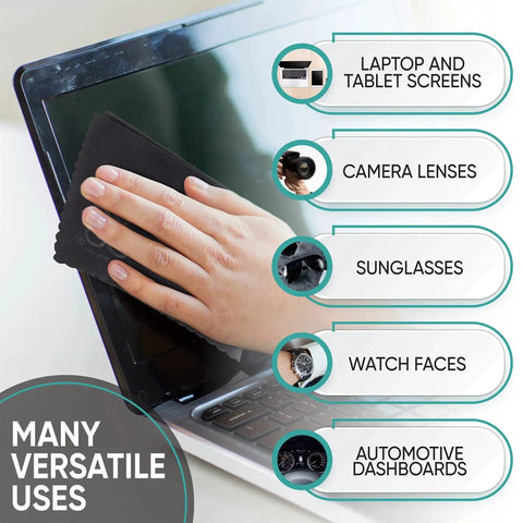 Hand using 12 Pack Microfiber Cleaning Cloths For Glasses Phones Screens Lint Free on a laptop screen with versatile use icons.
