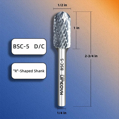 Cylindrical Radius End Double Cut Tungsten Carbide Rotary Burr Bit For Wood And Metal, One Quarter Inch Shank, 1/2 in Diameter, 1 in Length