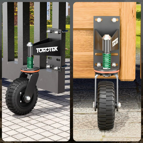Installed 8 Inch Gate Wheel With 360 Degree Rotation And Spring Loaded Casters Heavy Duty 600lb Capacity For Metal Tube Or Wooden Gates Includes Dust Ring Screws And Screwdriver Rubber Wheel For High Temperature Environments on gate