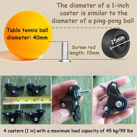 1 Inch Mini Swivel Caster Wheels Set With M6x15mm Threaded Stem Silent TPE Rubber Brake Rollers, size comparison and features