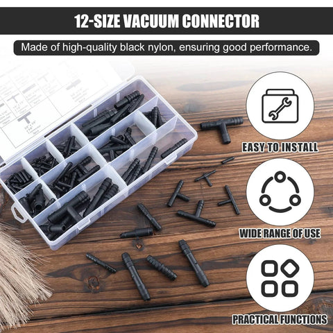 113 Piece Automotive Vacuum Connector Set for Vacuum Hose Tubing Fittings Including Straight Reducer Tee Connectors 12 Sizes Built Tough For Cars Trucks And DIY Repairs in plastic case on table