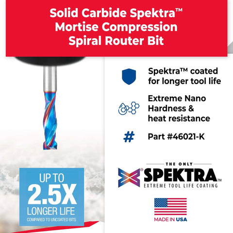 Close-up of 3/8 Inch Shank CNC Solid Carbide Spektra Extreme Tool Life Coated Mortise Compression Router Bit displayed vertically.