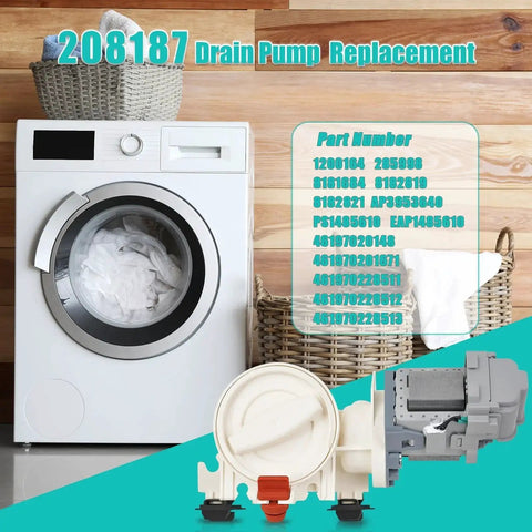White front-load washing machine with inset drain pump assembly image in bottom corner.