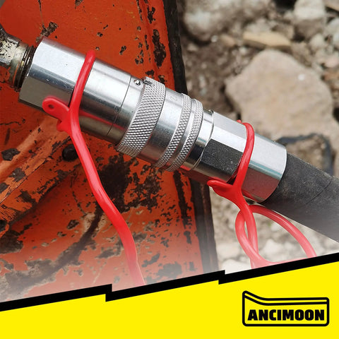 ANCIMOON 1/2 in NPT skid steer hydraulic couplers with Bobcat flat-face quick-connect fittings, red dust covers.