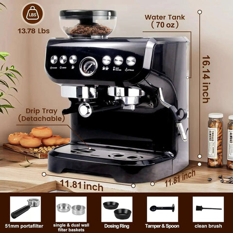 All-In-One Espresso Machine With 15 Bar Pressure, Built-In Bean Grinder, Milk Frother And Steam Wand, black design, kitchen setting