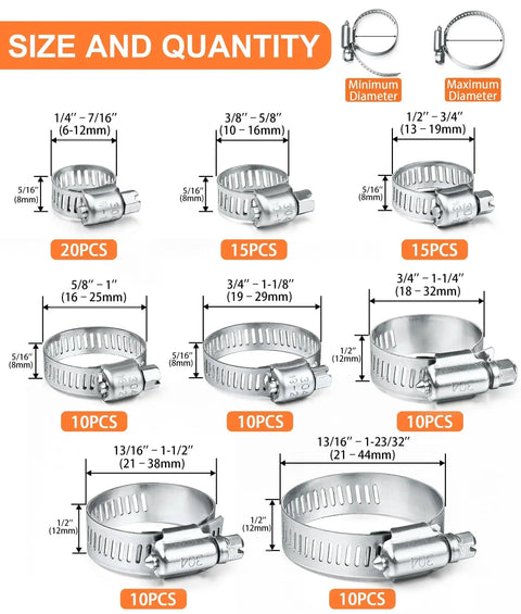 100 Piece Stainless Steel Hose Clamp Set For Plumbing Automotive And Mechanical Use Adjustable 6 To 44mm with size options shown
