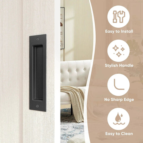 8-Inch Recessed Door Pull Pocket Handle Matte Black For Sliding Barn Doors Closets And Bifold Doors Durable Carbon Steel Finish Not A Flush Handle Requires Grooved Door Installation installed on a door.
