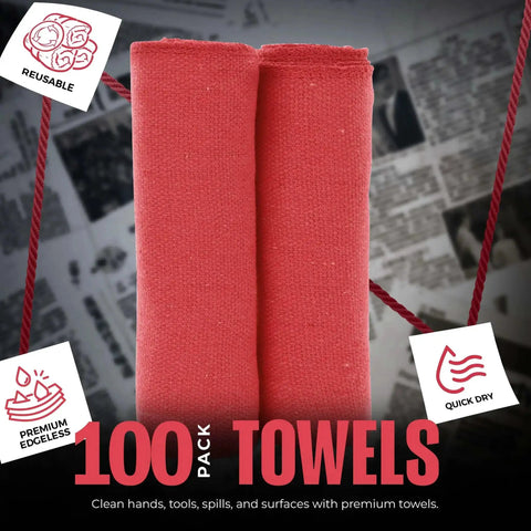 Two red Cotton Shop Towels 12x14 Inch 100 Pack Ultra Absorbent Reusable Rags for Auto Garage Bar and Home Cleaning shown rolled.