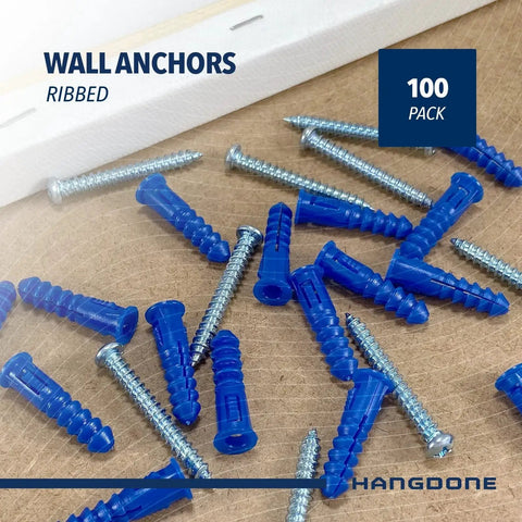 Ribbed Nylon Wall Anchors Set One And One Quarter Inch With Screws Blue For Drywall And Concrete Sizes Ten To Twelve, 100 Pack Includes Phillips Pan Head Screws Durable Plastic Anchor Kit For Shelves Mirrors And Cabinets displayed on wooden surface.