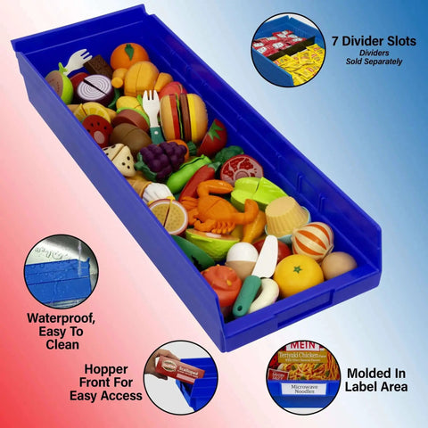 Heavy Duty Plastic Shelf Bins 24-Inch By 8-Inch By 4-Inch In Blue, 6 Pack displaying storage with dividers and toy vegetables