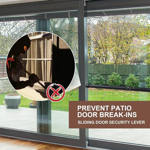Adjustable Sliding Door Security Bar 17 To 50 Inches With Rubber Tips, Heavy Duty No Drill Door Stop For Patio Doors Apartments Bedrooms And Travel, Black, 2 Pack Easy No Tool Installation For Quick, Secure Fit In Seconds installed on patio door