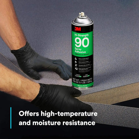 Hi-Strength 90 Permanent Spray Adhesive, inverted can for upside-down spraying, shown with gloved hands applying to laminate surface