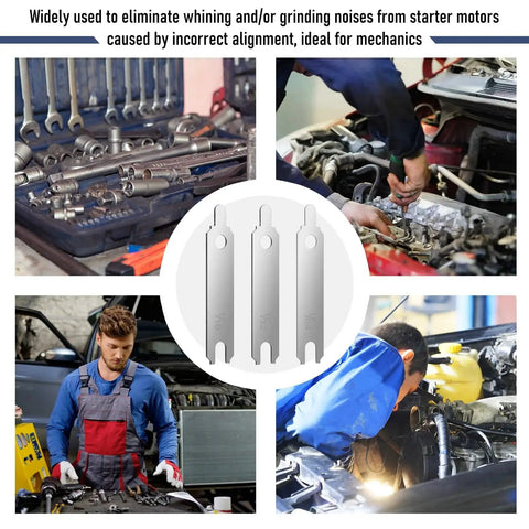 Mechanics using starter alignment shim kit 10 pcs stainless steel 304 for engine alignment; includes wrench tools in background.
