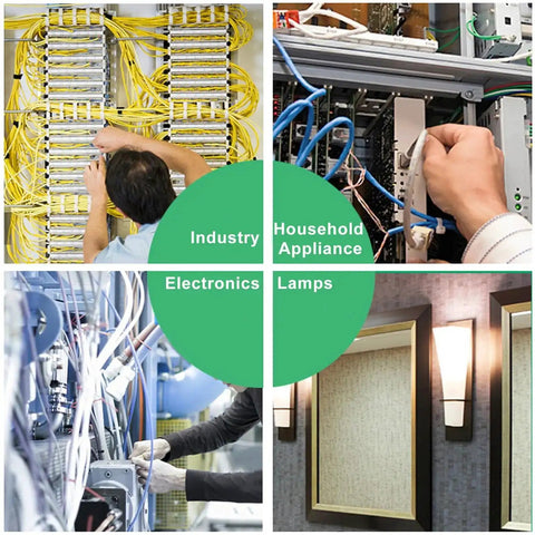 Collage of industry, household appliance, electronics, and lamps highlighting different wiring and installation setups.