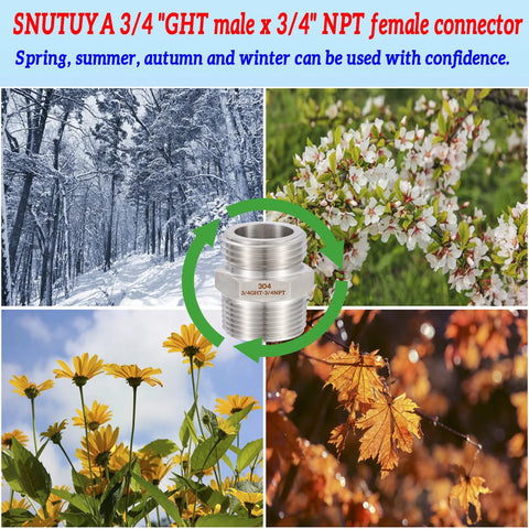 SNUTUYA stainless steel garden hose adapter, 3/4 GHT male to 3/4 NPT male with 1/2 NPT female