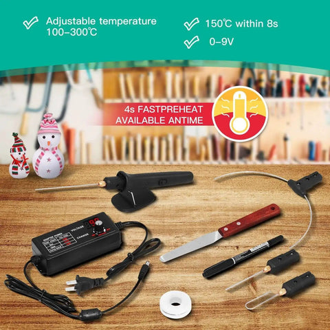 Pro Grade Dope 6 In 1 Hot Foam Cutter Kit With 110 To 240V UL Adaptor And Digital Voltage Controller displayed on wooden table.
