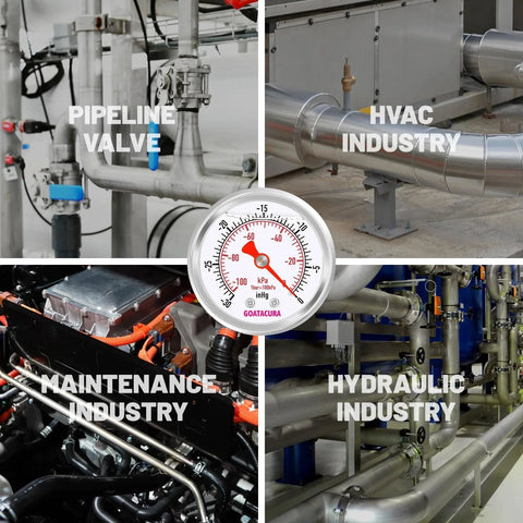 Glycerin Filled Vacuum Pressure Gauge For Pros 2 Inch Dial With 304 Stainless Steel Case And Quarter Inch NPT Center Back Mount displayed in diverse industry settings including pipeline, HVAC, maintenance, and hydraulic industries.