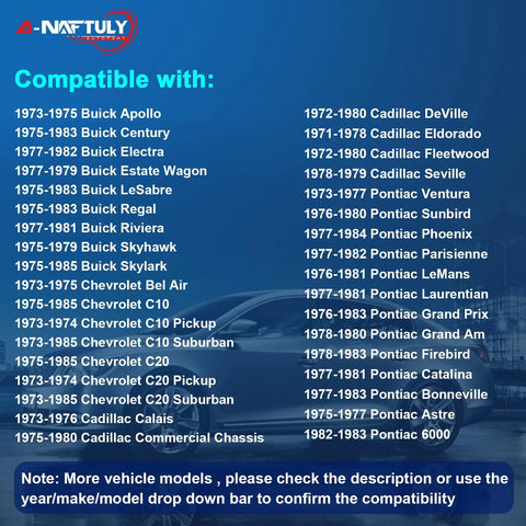Compatibility list for GM alternator replacement, showing vehicle models including Buick, Chevy, Cadillac, Pontiac from 1972-1985.