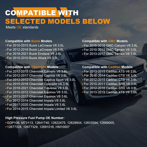 High Pressure Fuel Pump For Chevy Equinox Traverse Impala Camaro Colorado And More Fits GMC Terrain sign with compatibility list