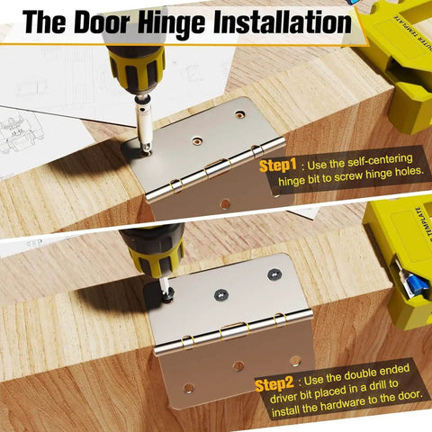 Installation of door hinge using All-In-One Door Hinge Jig Kit For Routers, adjustable template for door hardware.