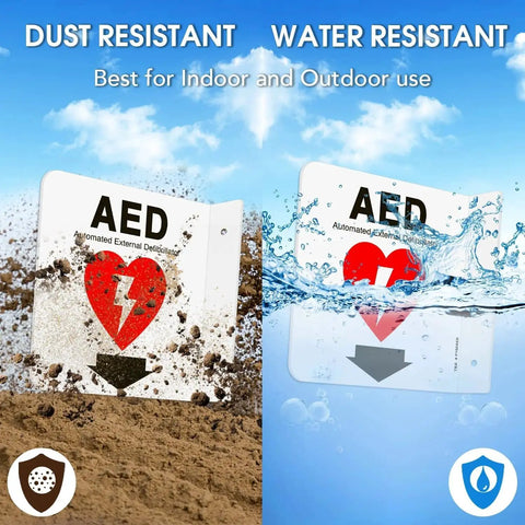 AED Sign With Down Arrow 6 By 6 Inch Acrylic Wall Sign 2 Pack Pre Drilled Holes Includes Matching Screws Easy Mount For Office And Business Use Durable UV Protected Waterproof Sign shown with dust and water resistance symbols.