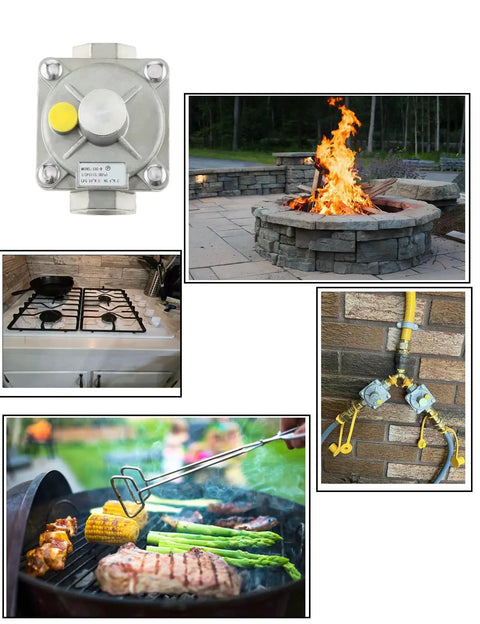 Half Inch Gas Pressure Regulator For Natural Gas And LPG with inlet and outlet adapters installed on various gas appliances