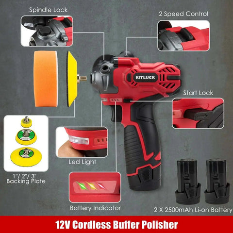 Battery Powered 12V Mini Car Buffer Polisher Beast Pro Grade Kit with 2x2000mAh Batteries, 40 Pads, Variable Speed Control