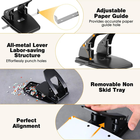 Heavy Duty Two Hole Punch Workhorse with adjustable guide, labor-saving lever, non-skid tray, and alignment features for easy punching.