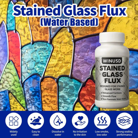 Image of a bottle labeled 'Stained Glass Flux' with colorful stained glass in background, showing 8oz liquid solder flux for stained glass soldering supplies and electrical repairs water based formula pro grade safe for copper zinc and lead use with glass art tools for precise application and smooth flow in every weld.