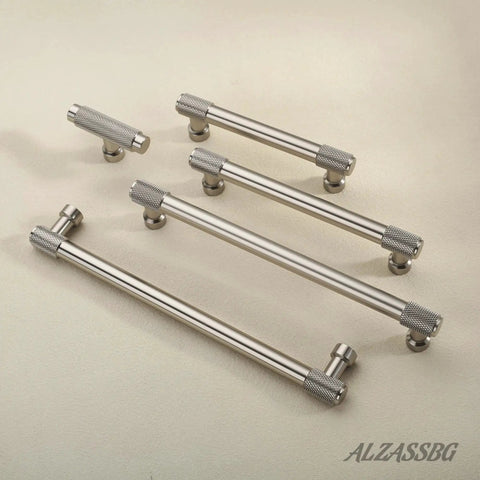 Brushed Satin Nickel Cabinet Pulls 10 Pack with 5 Inch Hole Centers Knurled Kitchen Cabinet Handles displayed on beige surface