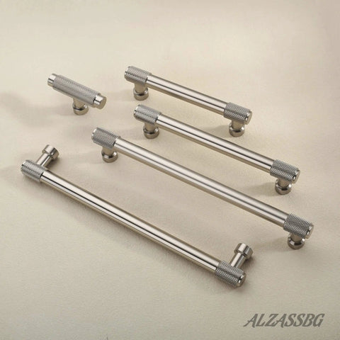 Brushed Satin Nickel Cabinet Pulls Knurled Handles Set Of 10 For Cabinets And Drawers Three And Three Quarters Inch Hole Centers
