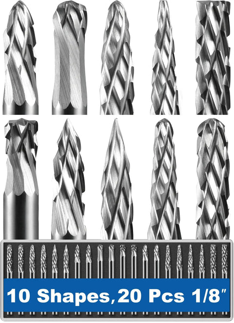 Twenty Piece Carbide Burr Set With One Eighth Inch Shank For Dremel Rotary Tools, Includes Portable Clamshell Case