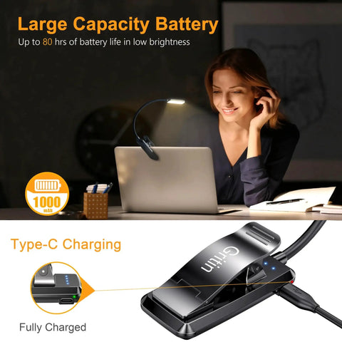 Rechargeable Clip On Book Light With 9 LEDs 3 Color Modes Stepless Dimming 80Hrs attached to laptop with USB port