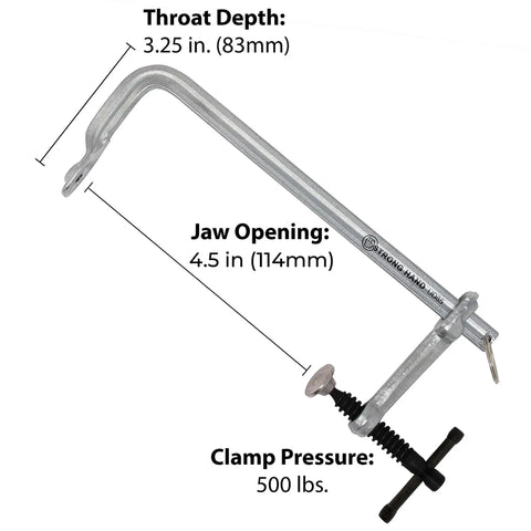 Image of Light Duty Utility Clamp UD45 with 4.5 inch capacity, 500 pound clamping power, 5/8 by 5/16 inch rail, 3.25 inch throat depth.
