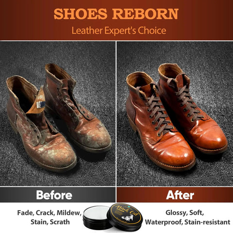 Before and after image of shoes using 4 in 1 Mink Oil Leather Care Kit for Boots and Shoes with Waterproof Formula.