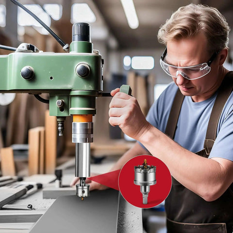 Worker using a 20 Piece TCT Carbide Hole Saw Kit 1/2 Inch To 2-1/8 Inch Tungsten Carbide Drill Bits Set for metal fabrication.