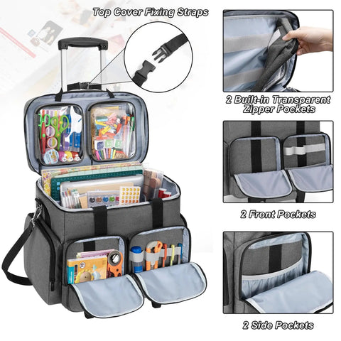 Rolling Scrapbook Tote On Wheels With Detachable Trolley And Bottom Wooden Board, gray bag showing external pockets and supplies storage.