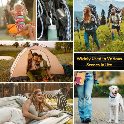 Collage showing various outdoor activities including camping, hiking, and hammocking, emphasizing versatility of stainless steel chain quick links.