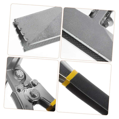 Close-up of Metal Bender Pliers Duckbill Pliers For Flat Bar Bending Tool showcasing jaws, bolts, and rubber grip handle.
