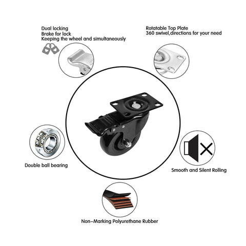 Beefy 3 Inch PVC Heavy Duty Swivel Caster Wheels Set Of 4 With Dual Locking Brakes Rubber Non Marking Polyurethane Wheels diagram
