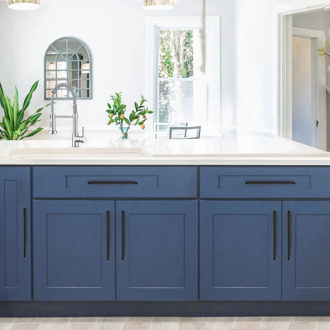Blue kitchen with Matte Black 10 Inch Cabinet Handles Set For Kitchen Cabinets Stainless Steel Drawer Pulls on cabinet doors.