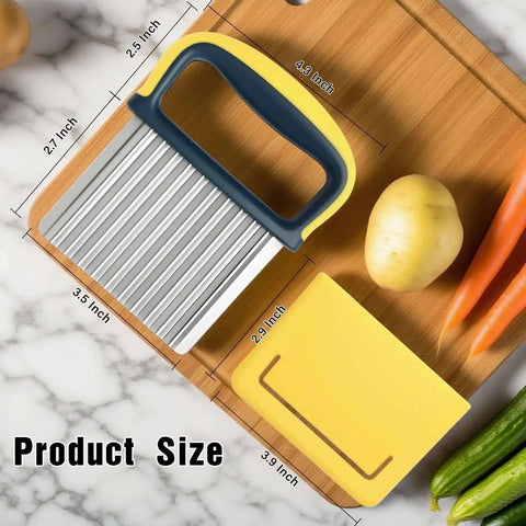 Two Pack Crinkle Cutter Set For Potatoes And Veggies Safe Wavy Slicer with yellow handle and cover on a cutting board