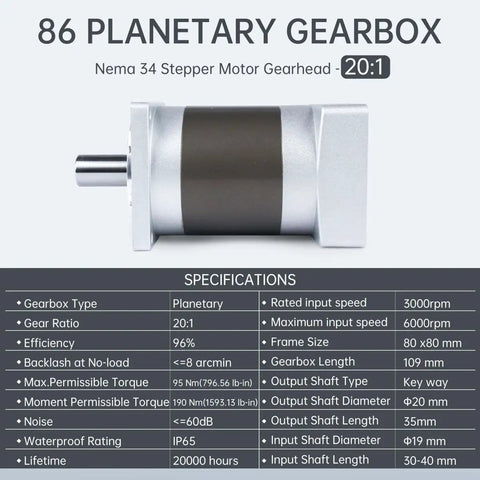 Nema34 Stepper Motor Planetary Gearbox with 8 Arcmin Backlash, 20 to 1 Gear Ratio, IP65 Protected, Side View and Specifications Chart