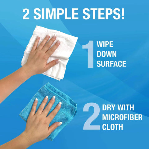 Two-step cleaning process with Streak Free Glass Cleaning Wipes For Mirrors Windows Kitchen Car 60 Count, illustrating wipe and dry method.