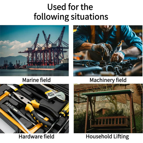Image illustrating four fields: marine with cranes, machinery with mechanic, hardware with tools, and household with lifting setup.